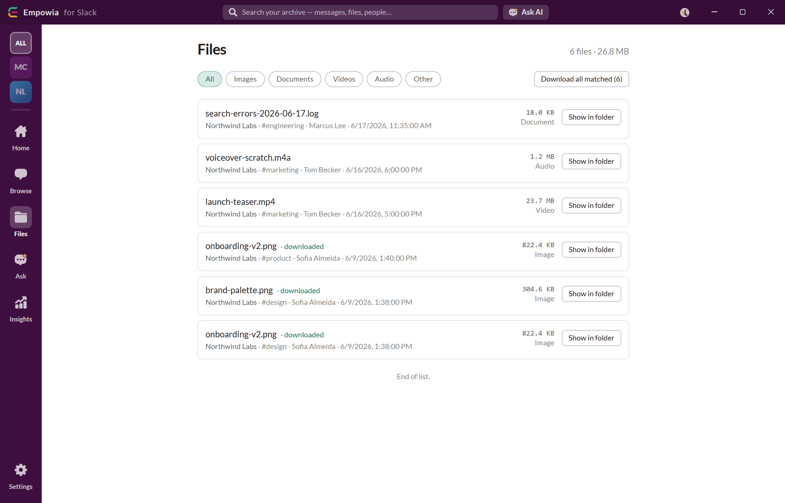 File gallery with type filters and totals