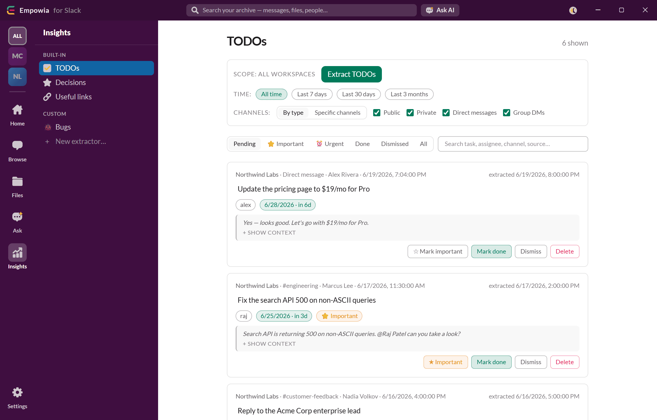 Insights view listing extracted TODOs
