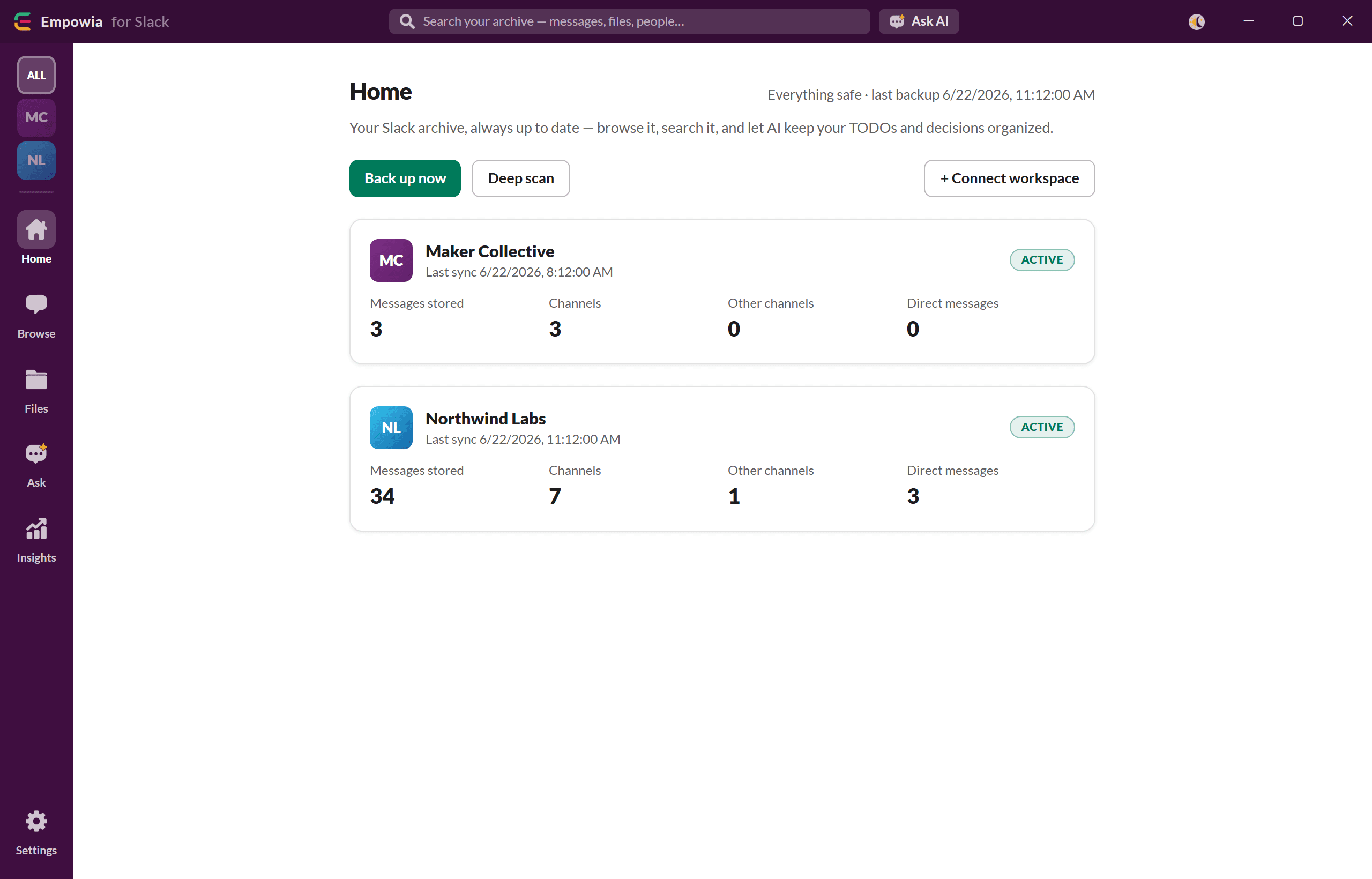 Empowia-Dashboard mit einer Backup-Karte pro Workspace