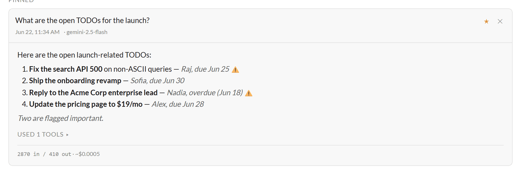Ask a question in plain language — the AI answers from your own archive and cites its sources.