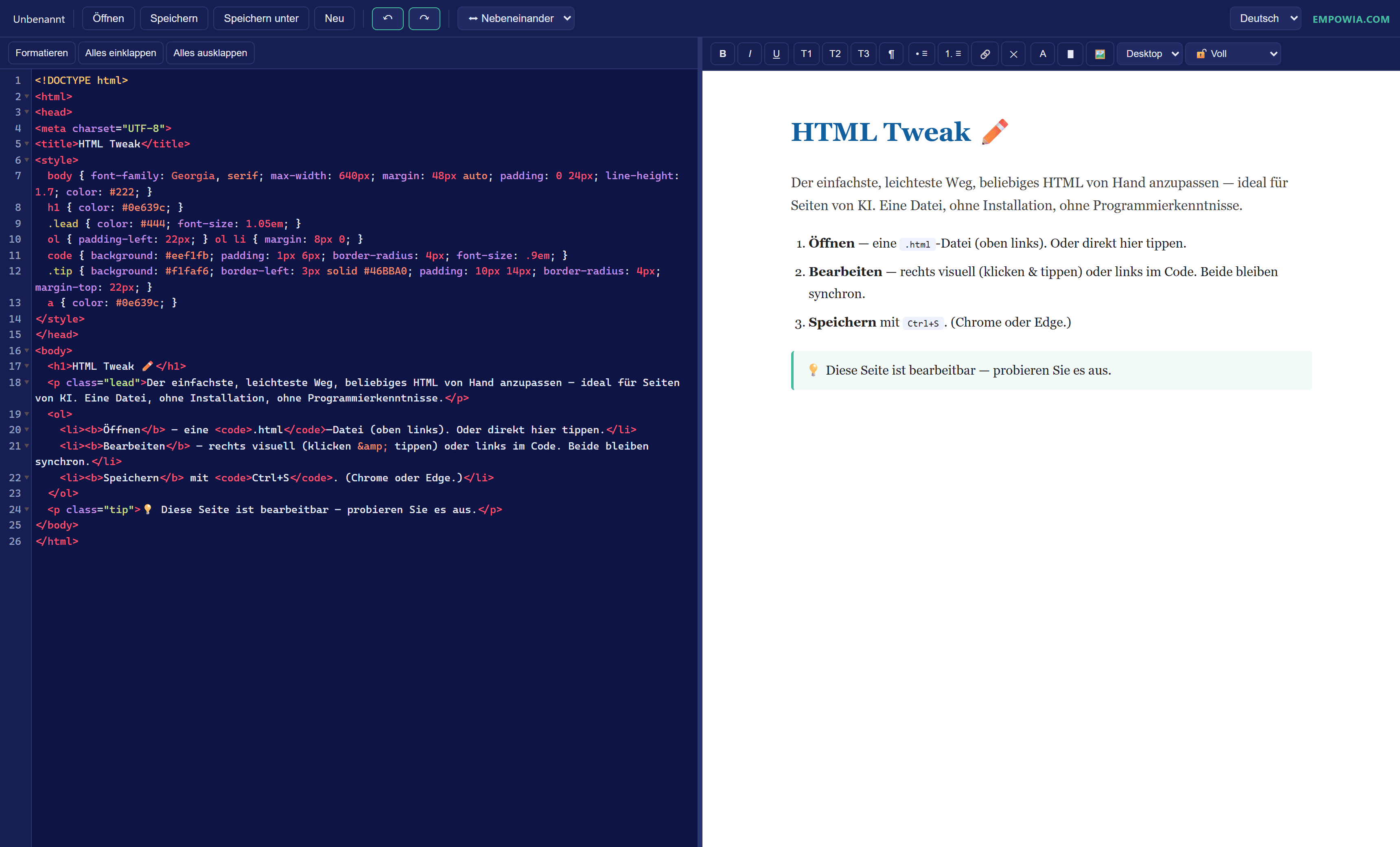 HTML Tweak — links der HTML-Code, rechts die visuelle Bearbeitung in Echtzeit