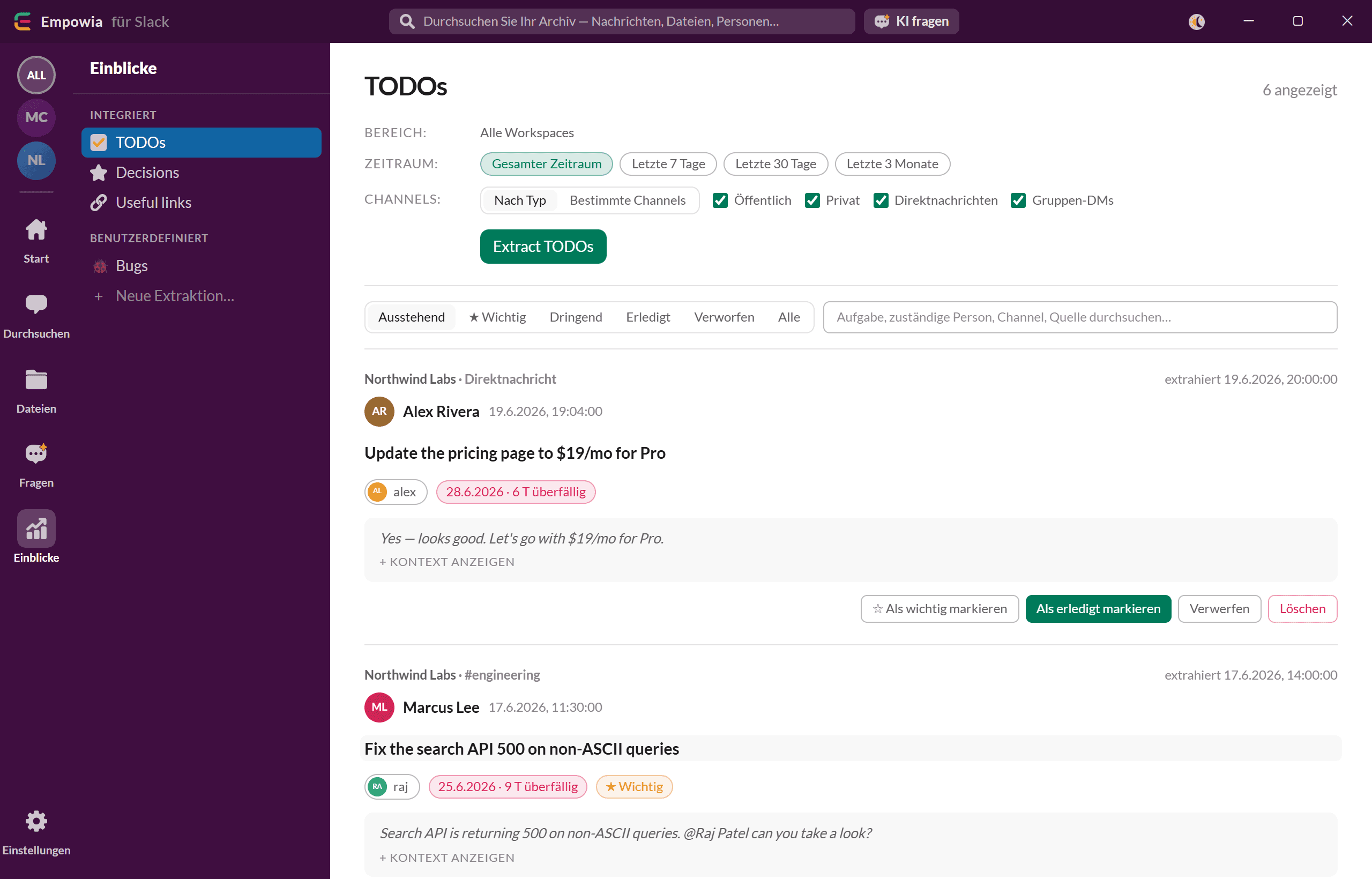 Insights verwandelt verstreute Nachrichten in strukturierte To-dos, Entscheidungen und Links.