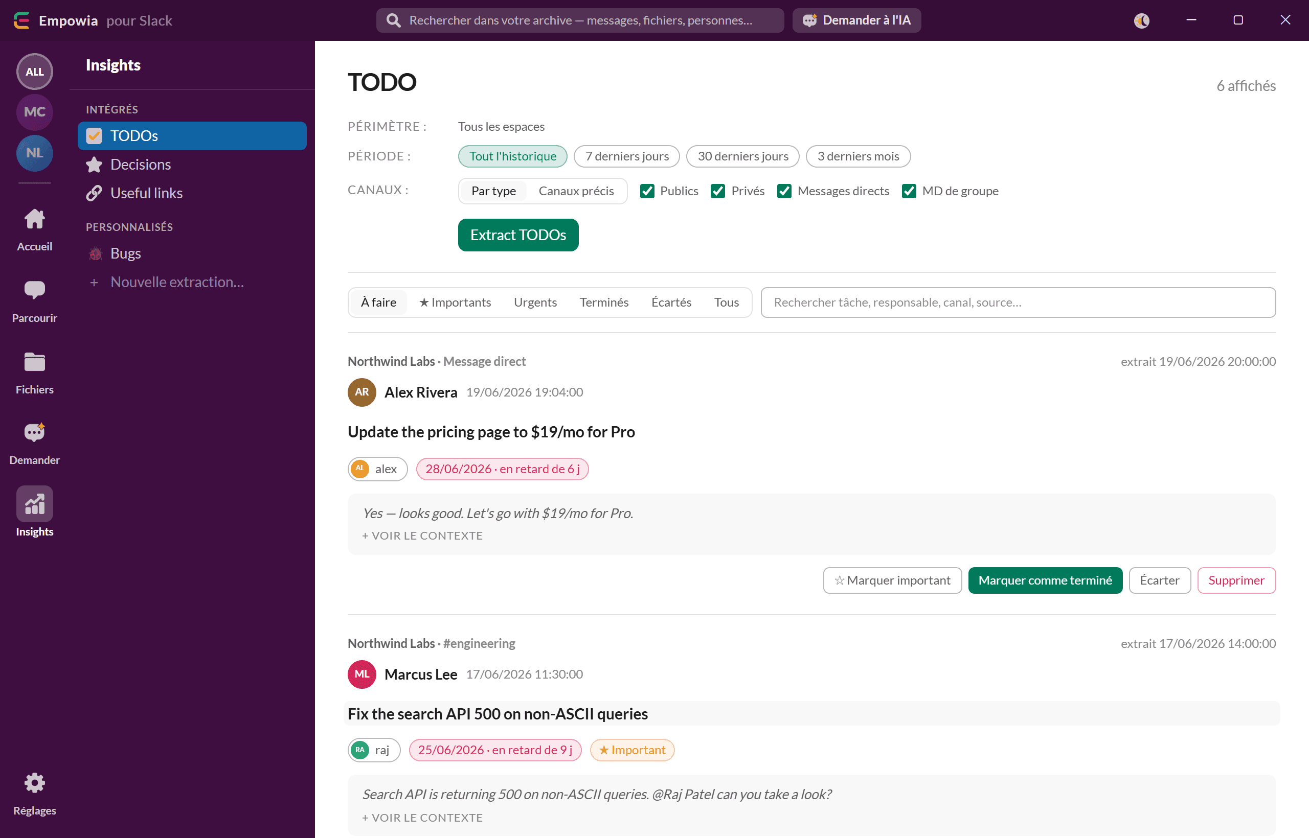 Insights transforme les messages dispersés en tâches, décisions et liens structurés.
