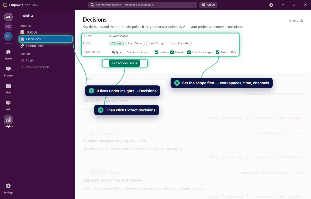 Decisions lives under Insights: set the scope first, then click Extract decisions