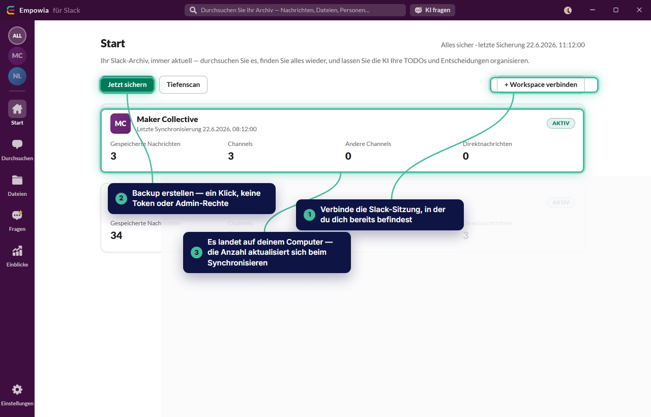 Verbinden Sie die aktive Slack-Sitzung, klicken Sie auf 'Jetzt sichern' und sehen Sie zu, wie das Backup auf Ihrem Computer landet