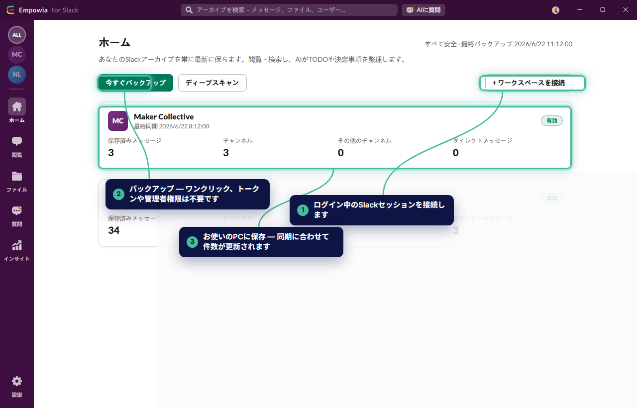 サインイン済みのSlackセッションを接続し、「今すぐバックアップ」をクリックするだけで、データがPCに保存されます