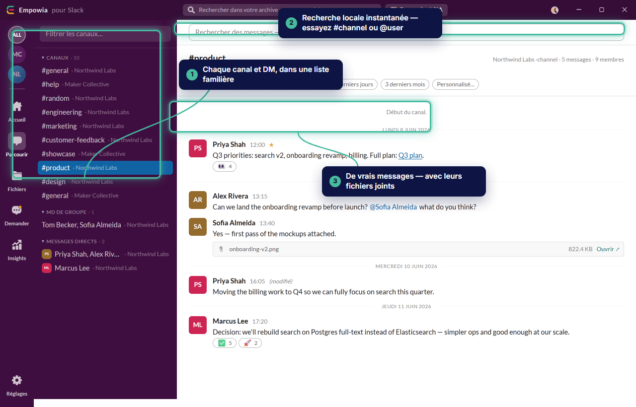 Parcourez votre propre copie de n'importe quel canal ou message direct, tout en conservant intacts les fichiers associés à chaque message