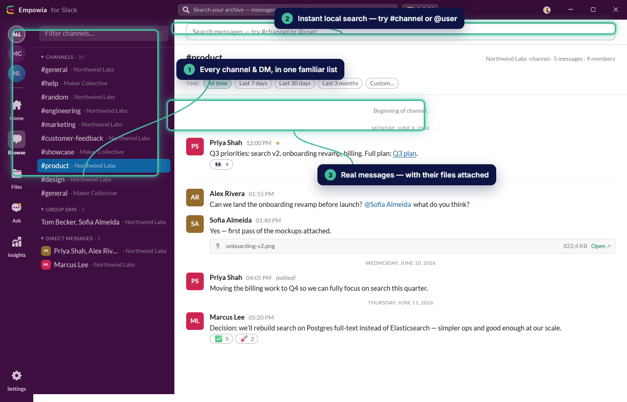 Browse your own archive: every channel and DM on the left, real messages with their files on the right