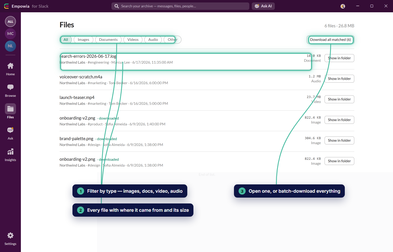 The file gallery: every attachment in one place — filter by type, see where each came from and its size, open or batch-download